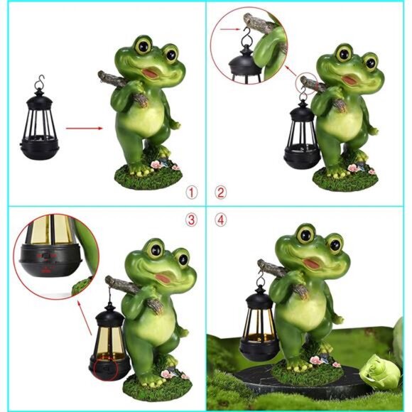Frog Garden Decor with Solar Lantern, Resin Frog Statue with Solar Lights - Picture 5 of 7